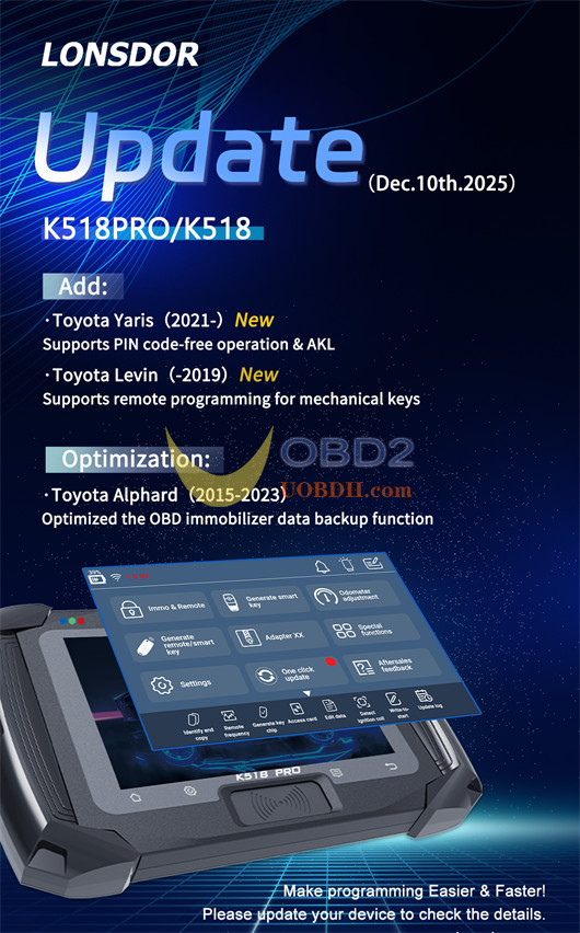 Lonsdor K518 PRO Update Toyota Yaris 2021- Smart Key & AKL